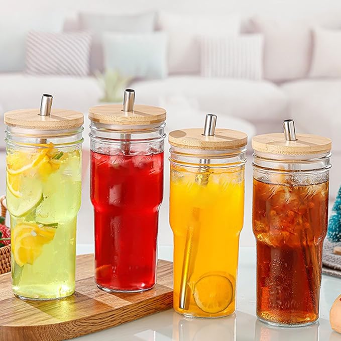 Glass Cups with Lids and Straws - 24oz Clear Glass Coffee Cups, Glass Tumbler Cute Drinking Glasses for Jumbo Smoothie, Bubble Tea, Cold Brew, Soda