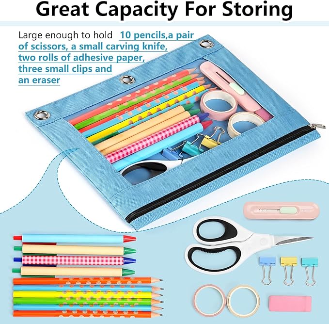 Forvencer 3 Ring Binder Pencil Pouch with Smooth Zipper, Clear Window Pencil Case, Big Capacity Pencil Bag with 3 Reinforced Grommets, Gree