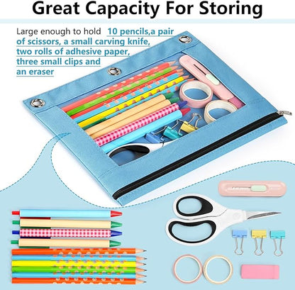 Forvencer 3 Ring Binder Pencil Pouch with Smooth Zipper, Clear Window Pencil Case, Big Capacity Pencil Bag with 3 Reinforced Grommets, Gree