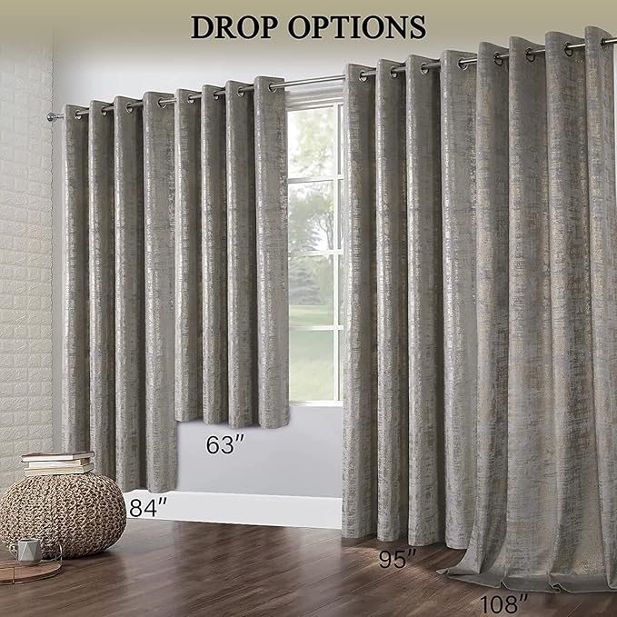 always4u Soft Velvet Curtains 95 Inch Length Luxury Bedroom Curtains Gold Foil Print Window Treatments for Living Room 1 Panel Silver