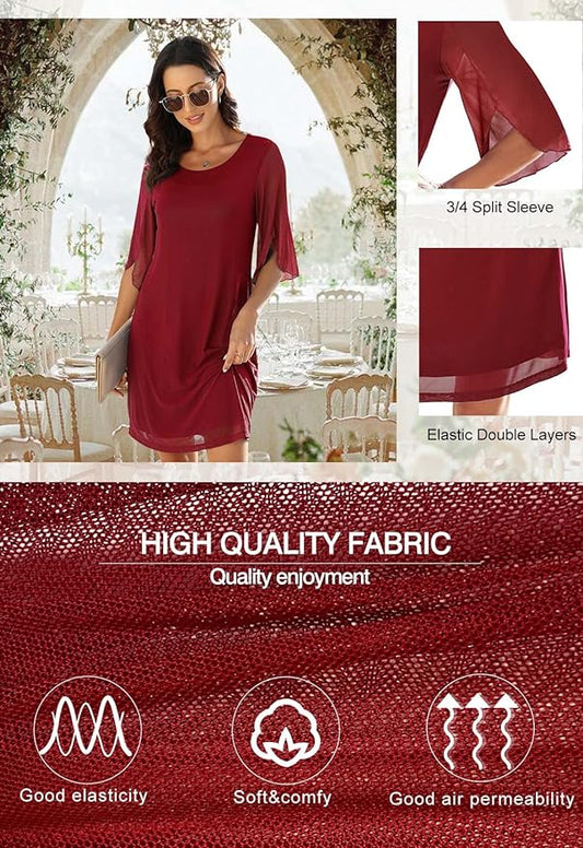 Women's Casual Loose 3/4 Sleeve Stretch Mesh Wedding Guest Dress Scoop Neck Cocktail Party Formal Dresses
