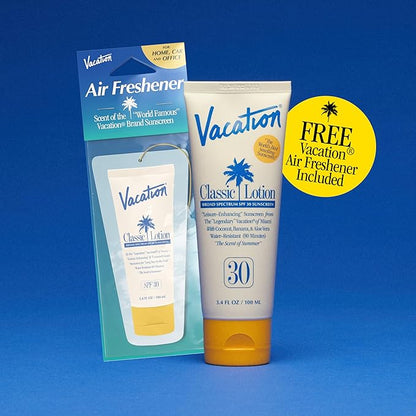Vacation Classic Sunscreen Lotion SPF 30  Air Freshener Bundle, Water-Resistant, Lightweight, Transparent on All Skin Tones, Dermatologist-Tested, Vegan, Travel Size, 3.4 Fl. Oz.