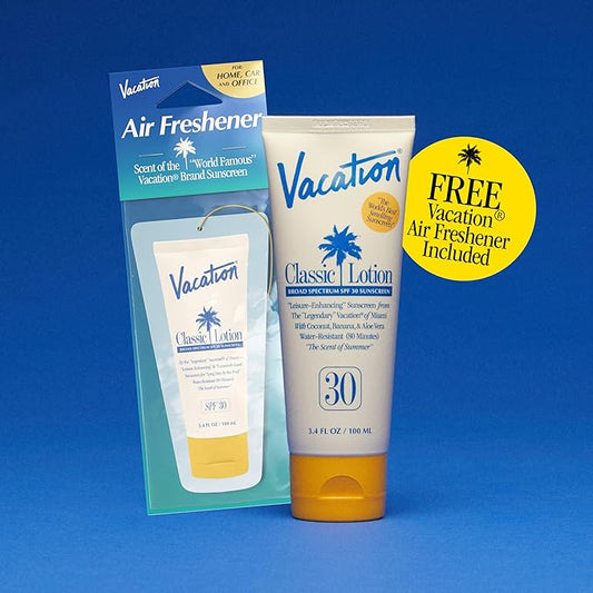 Vacation Classic Sunscreen Lotion SPF 30  Air Freshener Bundle, Water-Resistant, Lightweight, Transparent on All Skin Tones, Dermatologist-Tested, Vegan, Travel Size, 3.4 Fl. Oz.
