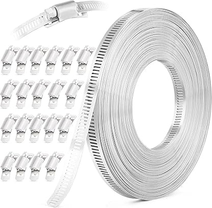 50FT Hose Clamps,304 Stainless Steel Hose Clamp Assortment Kit DIY Metal Strapping with Holes20 Fasteners,Adjustable Worm Gear Large Hose Clamps Metal Band Screw Clamp Straps for Pipe,Duct,Tube