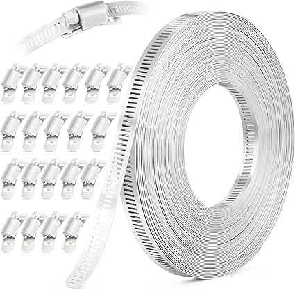 50FT Hose Clamps,304 Stainless Steel Hose Clamp Assortment Kit DIY Metal Strapping with Holes20 Fasteners,Adjustable Worm Gear Large Hose Clamps Metal Band Screw Clamp Straps for Pipe,Duct,Tube