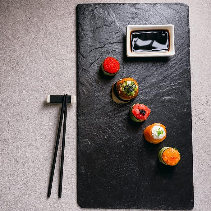 MOUYAT 5 Pack 10 x 5 Inch Black Slate Plates, Rectangular Slate Cheese Board with Natural Edge, Natural Stone Plates Cutting Board Charcuterie Boards for Cheese, Sushi, Meat, Appetizers