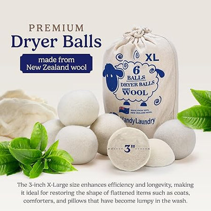 Handy Laundry Wool Dryer Balls - Natural Fabric Softener, Reusable, Reduces Clothing Wrinkles and Saves Drying Time, Better Alternative to Plastic Balls and Liquid Softener (Pack of 6)
