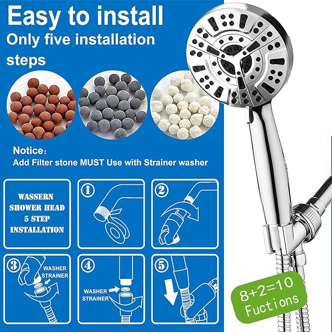 Handheld Shower Head High Pressure Handheld Shower Sprayer 10 Spray Modes Multifunctional Shower Head Easy to Clean Showerhead Filter Shower Head For Bathroom Tub Hotel