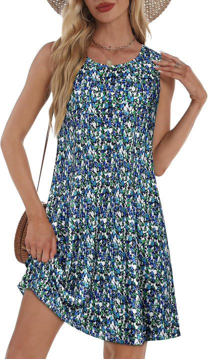 Sundresses for Women Casual Summer Pleated Front Loose Sleeveless Tank Dress with Pockets