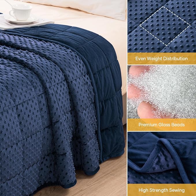 Minky Dot Weighted Blanket for Adults Twin Size 20 lb, Soft Heavy Blanket for Stress Relief and Sleep Promotion, Breathable Blanket for All-Season with Glass Beads, Navy Blue 60 x 80 inches