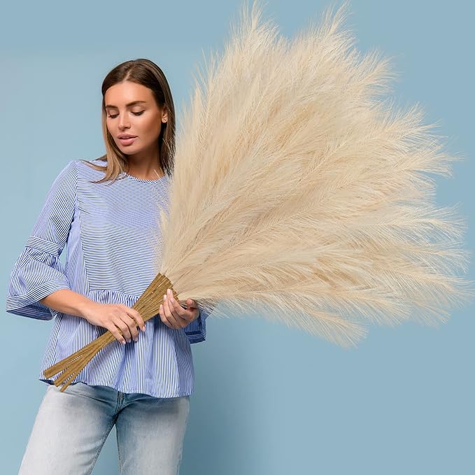 Ouddy Decor 8 Pcs Faux Pampas Grass Decor 38''/97cm Tall Artificial Large Pompous Pompas Floral Fluffy Fake Plants Floor Vase Filler for Wedding Kitchen Home Boho Decorations, Deep Beige