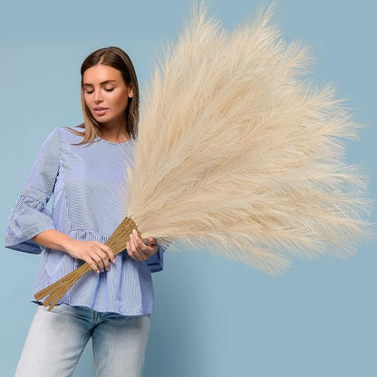 Ouddy Decor 8 Pcs Faux Pampas Grass Decor 38''/97cm Tall Artificial Large Pompous Pompas Floral Fluffy Fake Plants Floor Vase Filler for Wedding Kitchen Home Boho Decorations, Deep Beige
