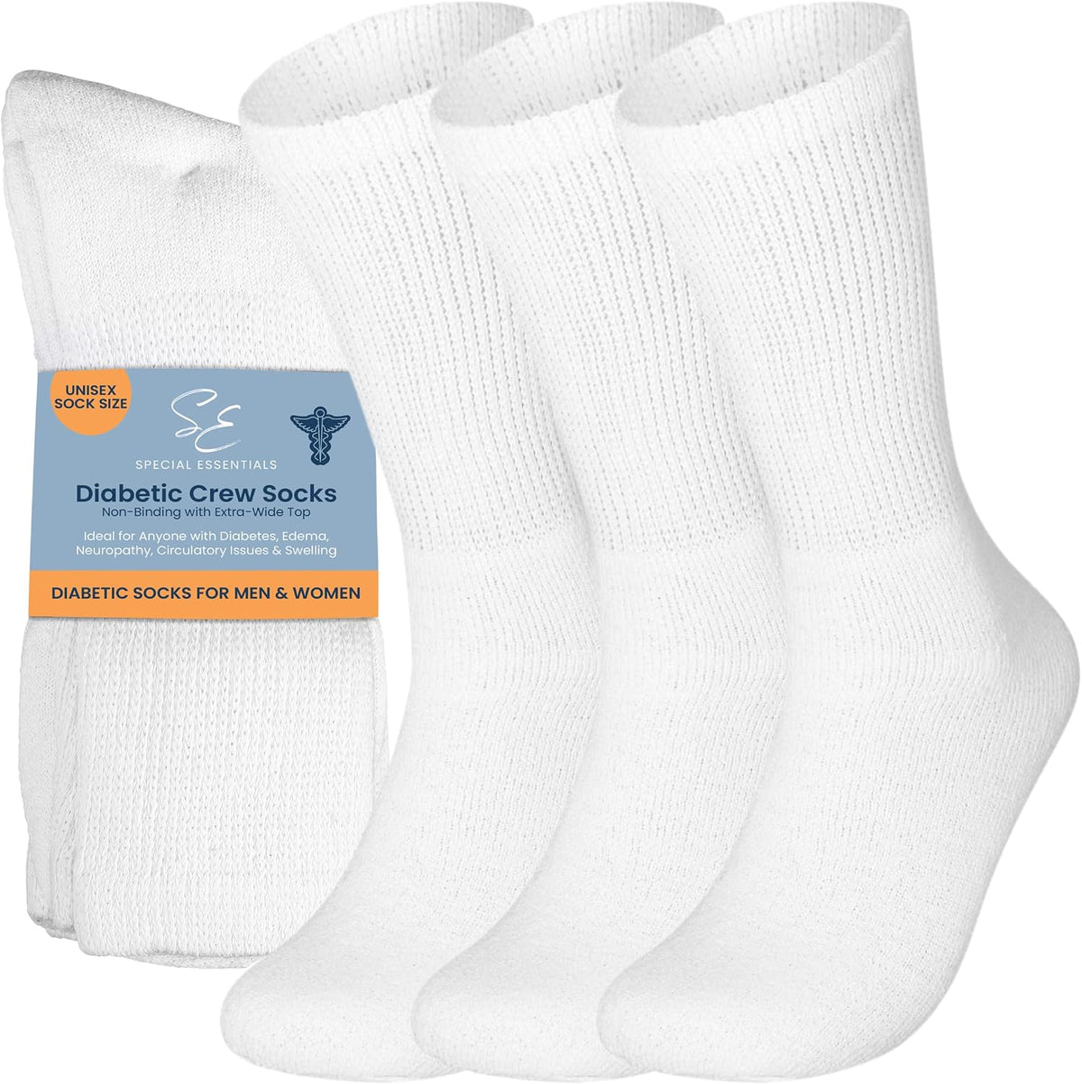 Special Essentials Diabetic Socks for Men & Women – 3 Pairs of Non-Binding Moisture-Wicking Neuropathy Socks – Crew Lengt