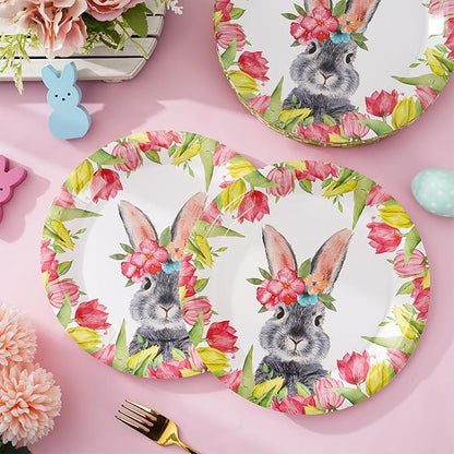 AnyDesign Easter Paper Plates Disposable Tulip Bunny Plates 9 Inch Flower Rabbit Tableware Dessert Plates for Spring Holiday Party Table Decor Supplies, 24Pcs