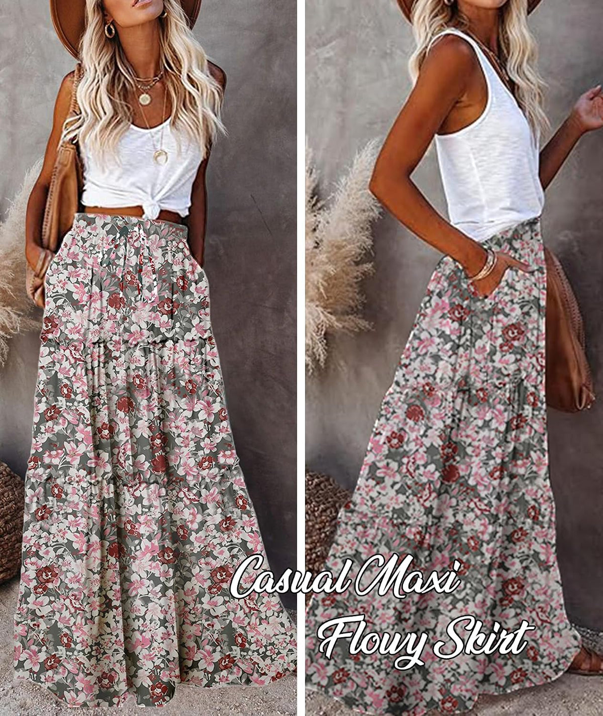 EARKOHA Womens Boho Maxi Skirt 2026 Summer Cruise Casual High Waist Tie Flowy Long Skirt with Pockets For Beach Vacation