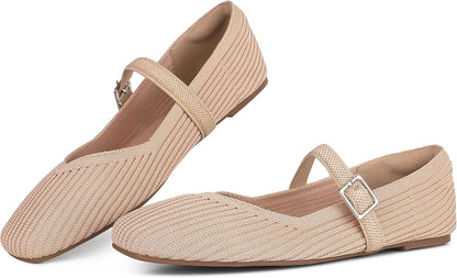 Flats for Women Square Toe Ballet Flats Shoes Comfortable Dressy Knit Flats for Women Arch Support Slip On Washable Casual Office Shoes