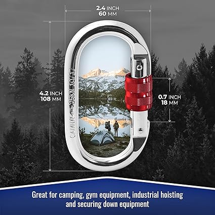 Carabiner Clip  UIAA Certified 25 kN 5620 LB, Large Heavy Duty Carabiners for Climbing: Oval-Shape, Screw Locking Steel Caribeener Clips, Hammocks, Hiking, Camping  Durable Tested