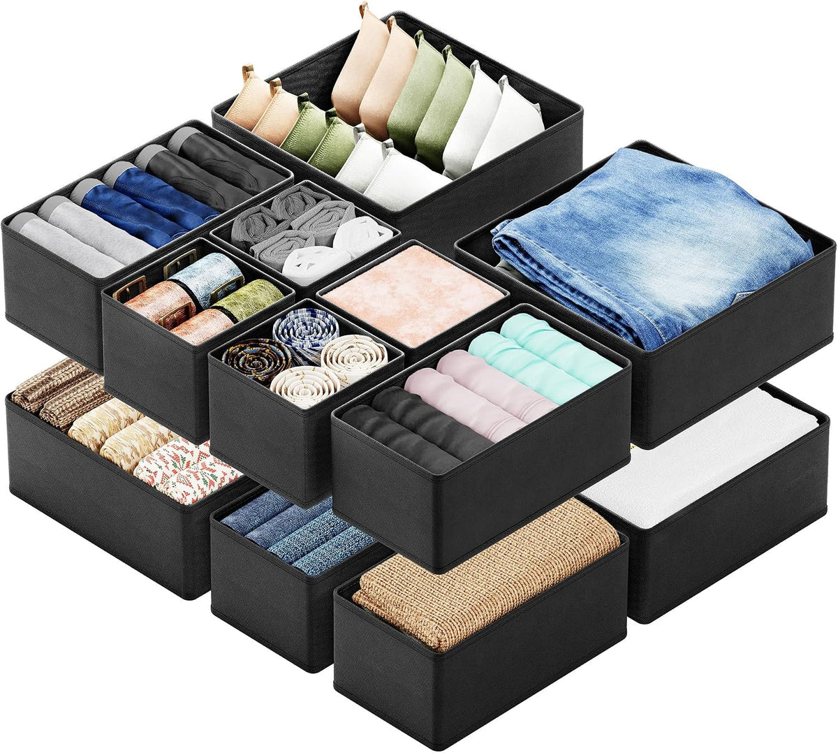 SpaceAid Drawer Organizer Clothes, 11 Pack Dresser Organizer Bins for Nursery, Closet Organization and Storage Dividers for Clothing, Baby Clothes, Underwears, Socks (Black)