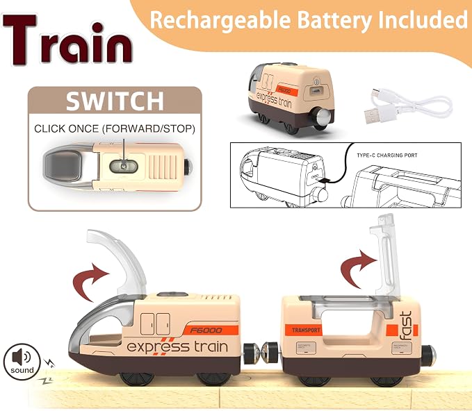 This motorized train set with remote control, tunnel, and realistic sound effects is compatible with popular wooden track brands like Thomas and Brio.