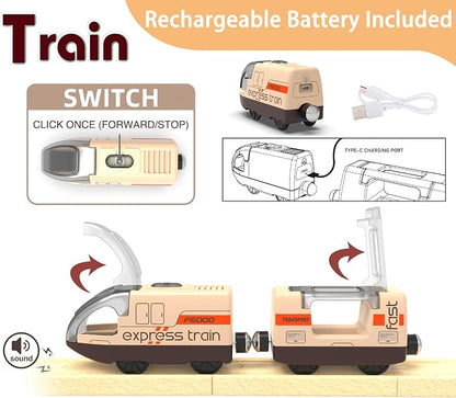 This motorized train set with remote control, tunnel, and realistic sound effects is compatible with popular wooden track brands like Thomas and Brio.