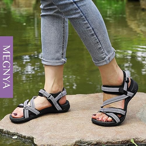 MEGNYA Womens Lightweight Cushion Sandals for Walking, Summer Outside Hiking Sandals with Adjustable Hook and Loop Straps