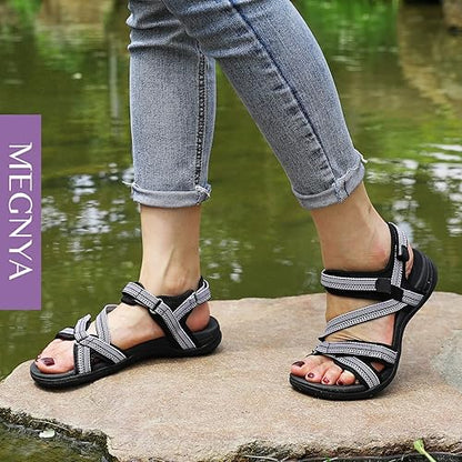 MEGNYA Womens Lightweight Cushion Sandals for Walking, Summer Outside Hiking Sandals with Adjustable Hook and Loop Straps