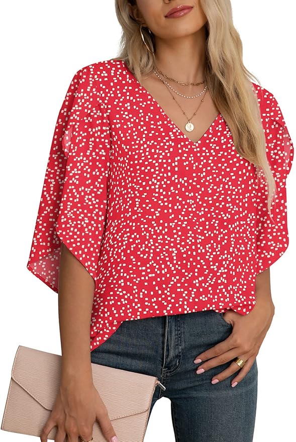 Jouica Women's Fall Casual 3/4 Ruffled Sleeve Chiffon Blouse Tops for Women
