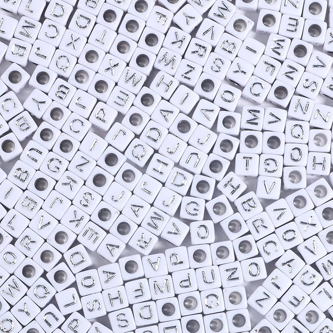 1000pcs Acrylic Small Letter Beads Cube Letter Beads Acrylic Letter Alphabet for Jewelry Making Alphabet Beads (White/Silver)