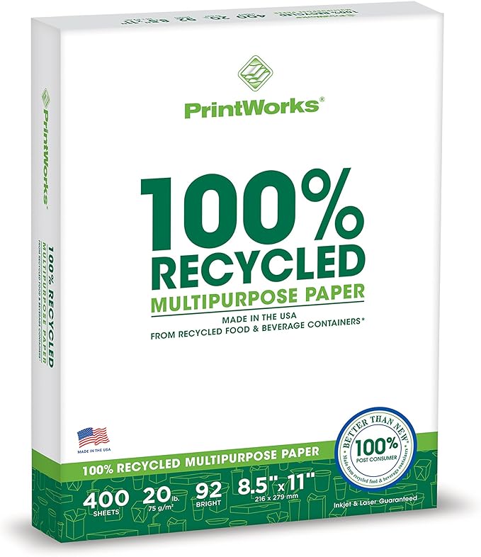 PrintWorks 100 Recycled Printer Paper 8.5" x 11" White - 20 lb Copy  Multipurpose Computer Paper - 1 Pack, 400 Sheets - Made in the USA - 92 Bright - Printer  Copier Compatible (00018)