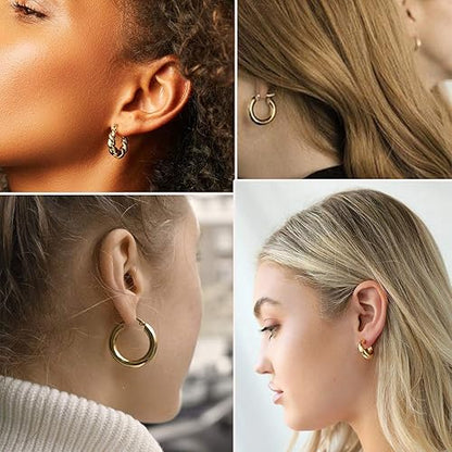 6 Pairs Chunky Gold Hoop Earrings Set for Women 14K Gold Plated Hypoallergenic Thick Open Huggie Hoop Set Jewelry for Christmas Gifts