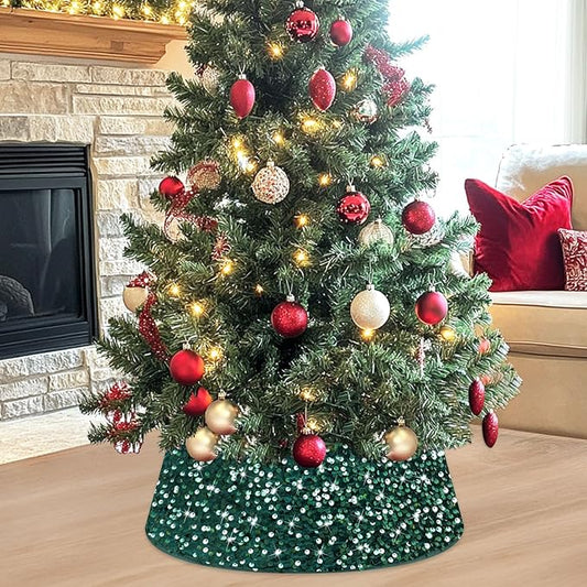 Christmas Tree Collar Hunter Green 24 Inch Xmas Tree Ring Sparkling Sequin Christmas Tree Basket Skirt for Christmas Tree Decor Glitter Velvet Tree Collars Tree Skirt for Xmas Party Occasions