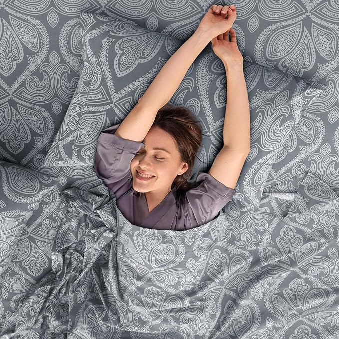 Ultra Soft Wrinkle-Free Microfiber Paisley Queen Sheet Set, Cute Floral Pattern Boho Print – 16" Deep Pocket Fitted Sheet, Flat Sheet & 4 Pillowcases, Breathable, OEKO-TEX - Grey