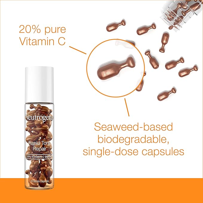 Neutrogena Rapid Tone Repair 20 Vitamin C Brightening Serum Capsules, Antioxidant Face Serum to Brighten Look of Dark Spots  Even Skin Tone, Oil-Free, 30 Serum Capsules
