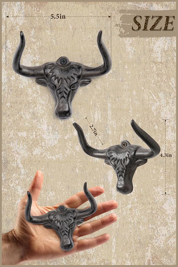 Cast Iron Coat Hooks Wall Mount 2 Pack Outdoor Western Decorative Wall Hooks Heavy Duty Towel Hooks for Bathroom Entryway Closet Cow Bull Animal Hooks Western Rustic Farmhouse Wall Decor, Antique Rust