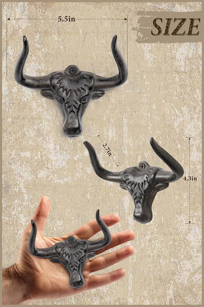 Cast Iron Coat Hooks Wall Mount 2 Pack Outdoor Western Decorative Wall Hooks Heavy Duty Towel Hooks for Bathroom Entryway Closet Cow Bull Animal Hooks Western Rustic Farmhouse Wall Decor, Antique Rust