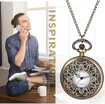 Avaner Women's Quartz Pocket Watches: Half Hunter Bronze Arabic Numeral Pocket Watches with Chain