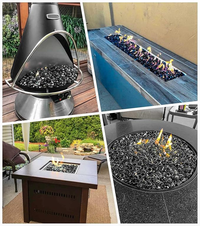 GRISUN Onyx Black Fire Glass Diamonds for Fire Pit, 1 Inch High Luster Reflective Tempered Glass Rocks for Natural or Propane Fireplace, Safe for Outdoors and Indoors Firepit Glass, 20 Pounds