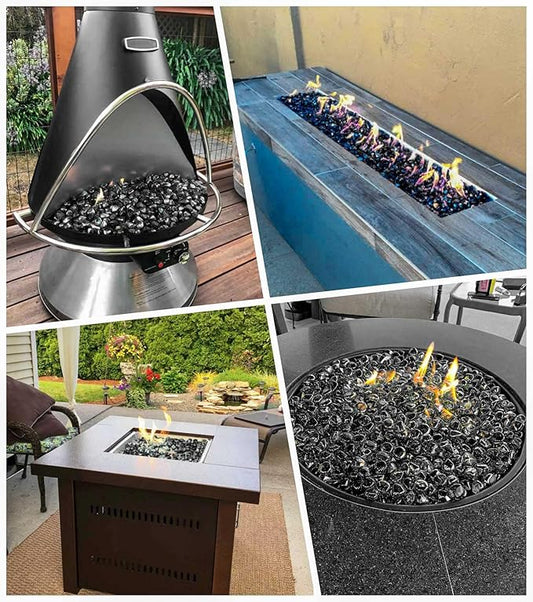 GRISUN Onyx Black Fire Glass Diamonds for Fire Pit, 1 Inch High Luster Reflective Tempered Glass Rocks for Natural or Propane Fireplace, Safe for Outdoors and Indoors Firepit Glass, 20 Pounds
