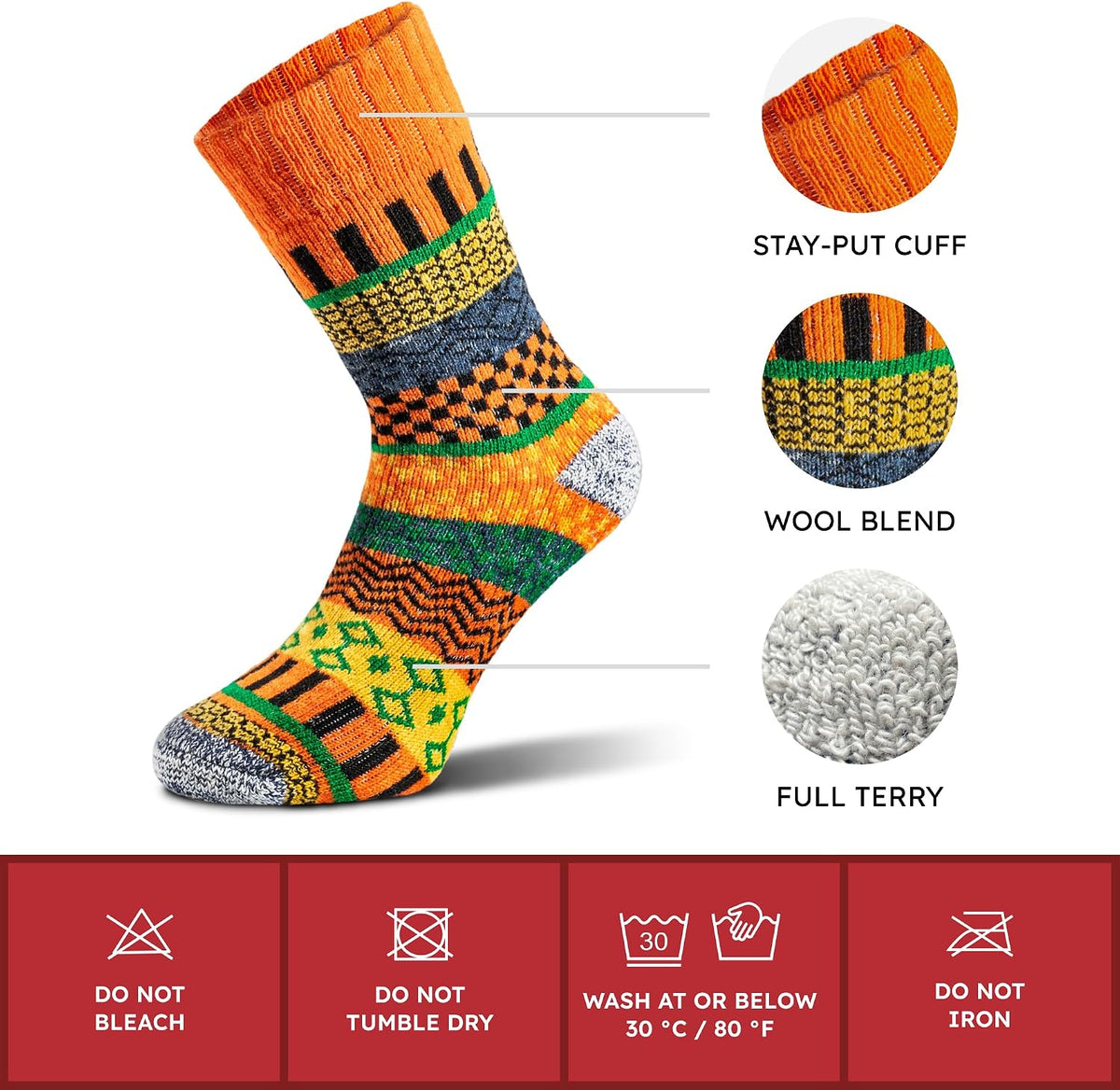 NORDIC Socks 5 Pairs, Merino Wool Socks for Men & Women, Winter socks, Cozy and Comfortable