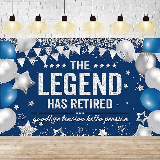Retirement Banner Party Decortions The Legend Has Retired Banner Decor for Men Woman Coworker, Blue Silver Farewell Send-Off Backdrop Retirement Party Supplies