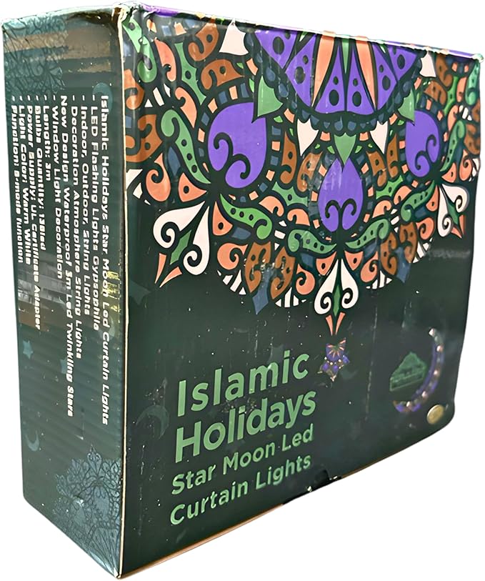Islamic Holidays Moon Star Window Curtain Fairy LED Lights Decoration, Clear