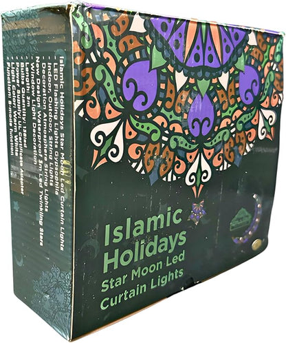 Islamic Holidays Moon Star Window Curtain Fairy LED Lights Decoration, Clear