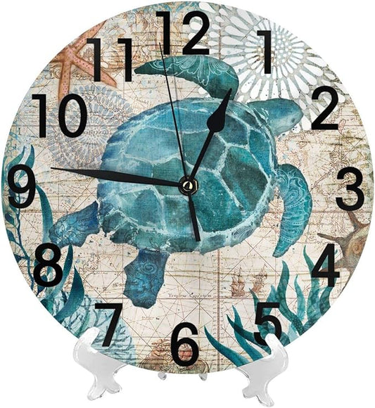 Sea Turtle Nautical Map Retro Wall Clock Battery Operated Silent Round Clock Wall Decor for Home Office School, 12 Inch