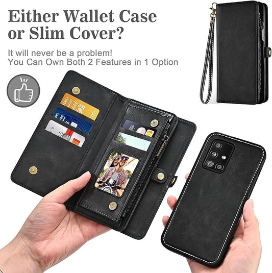 Wallet Case for Samsung Galaxy A51 4G with Detachable Magnetic Phone Case, Wrist Strap Shoulder Strap, Retro PU Leather Flip Stand Cell Phone Cover for A 51 M40S 51A A515F S51 Women Men Black