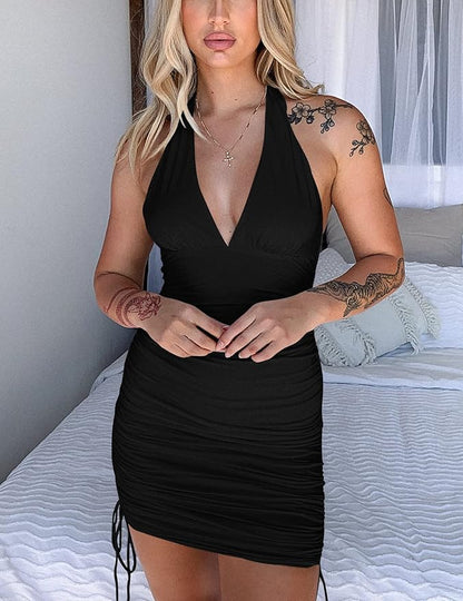 HOCILLE Women's Sexy Halter Bodycon V Neck Backless Ruched Drawstring Mini Club Party Dresses