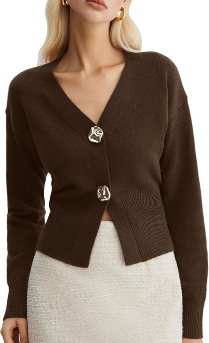 VATEAMI Womens Cropped Gold Button Sweaters Long Sleeve Pullover Tops | Lightweight Knitted Outerwear, Casual Knit Tops with V Neck, Slim Fit Elastic Waist Design, Great for Office, Travel, Daily