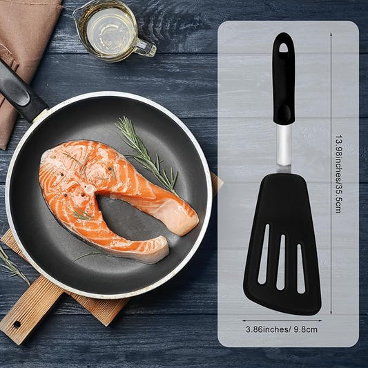 14" Silicone Fish Spatula, Large Grip Kitchen Turner Spatulas for Nonstick Cookware, Spatula Flipper Flexible Cooking Utensil for Flipping Fish, Egg, Pancake(Black)