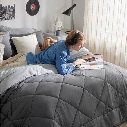 Bedsure Queen Comforter Set - 7 Pieces Reversible Dark Grey Bedding, Queen Size Bed Set for All Seasons, Bed in a Bag with Down Alternative Comforter, Sheets, Pillowcases  Shams