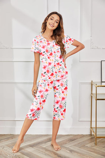 Two-Piece Pjs V Neck Tops & Capri Pants Printed Lounge Sets S-3XL
