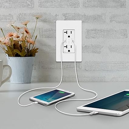 TOPGREENER 4.8A High Speed USB Outlet Wall Charger, 24W, 20A TR Receptacle Compatible with iPhone SE11XSXRX8, Samsung Galaxy S20S10S9Note, LG, HTC  More, TU22048A-W, White